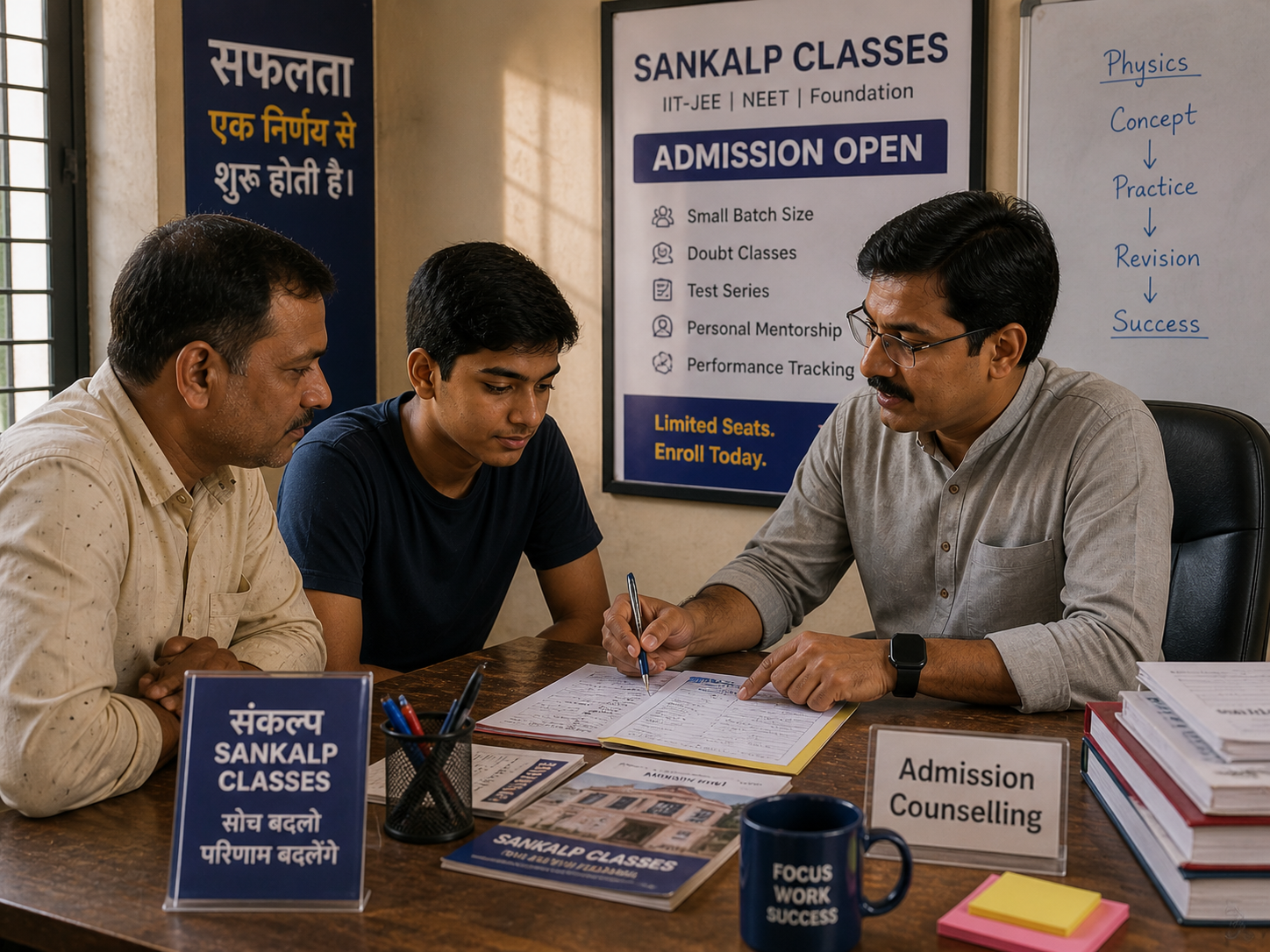 Sankalp Classes admission counselling — father and son seated across a desk from the counsellor, ADMISSION OPEN poster, focus mug, Sankalp Classes branded notepad