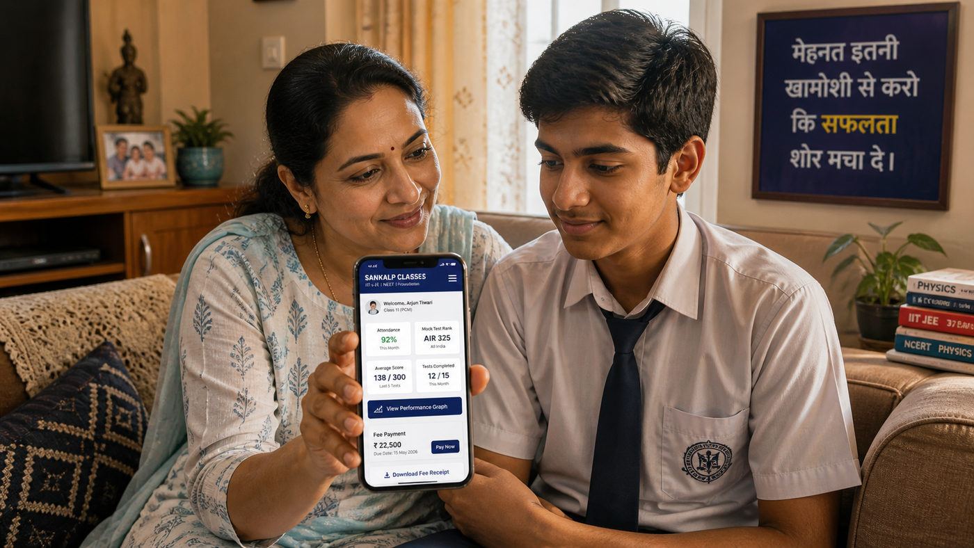 Sankalp Classes app — mother and son on sofa at home, mother holding phone showing student dashboard with attendance %, AIR rank, fee payment, mehnat itni khamoshi se karo ki safalta shor macha de poster on wall