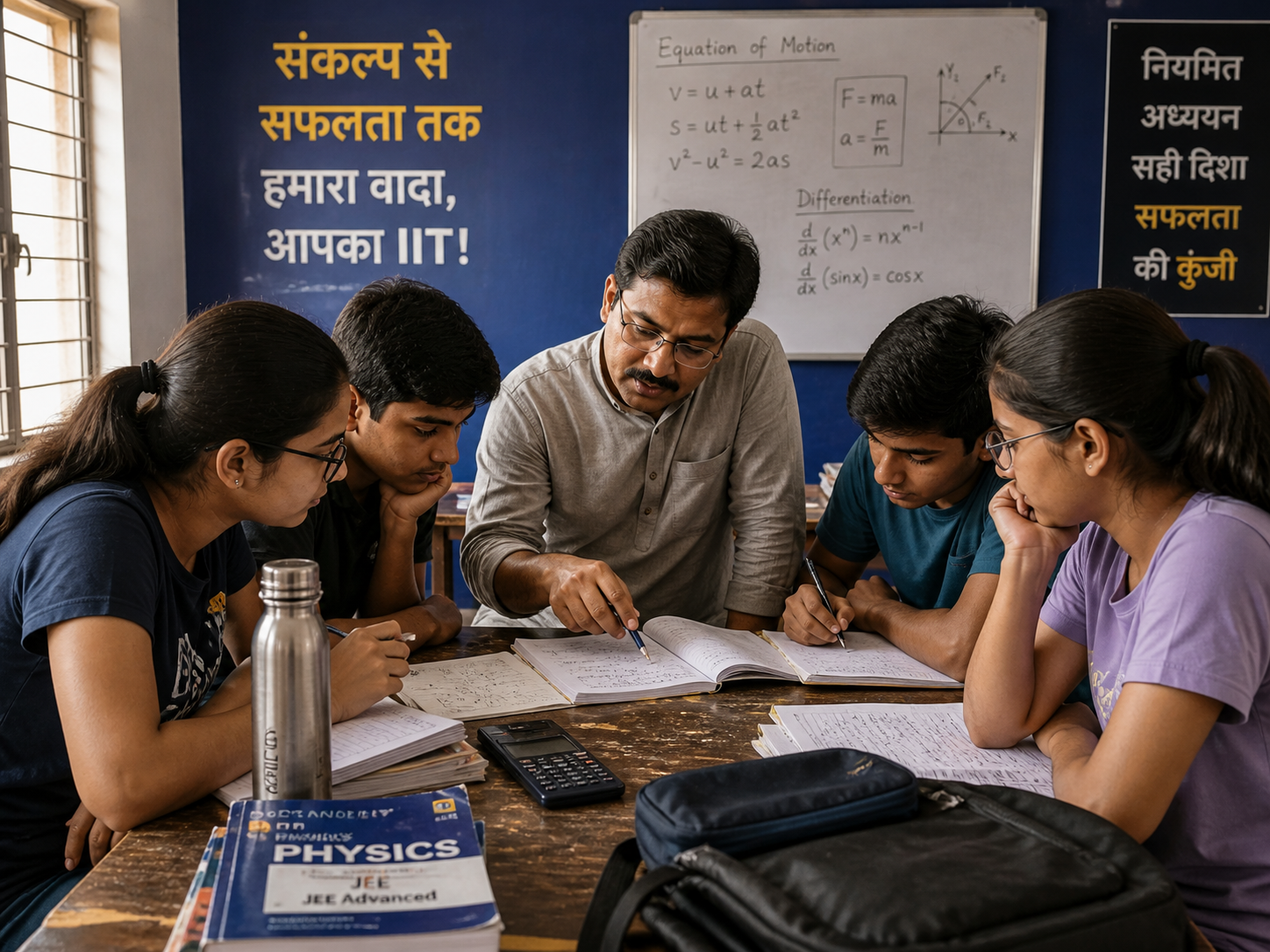 Sankalp Classes doubt session — small group of 4 students at teacher's desk, equation of motion + differentiation on whiteboard, JEE Advanced Physics textbook foreground