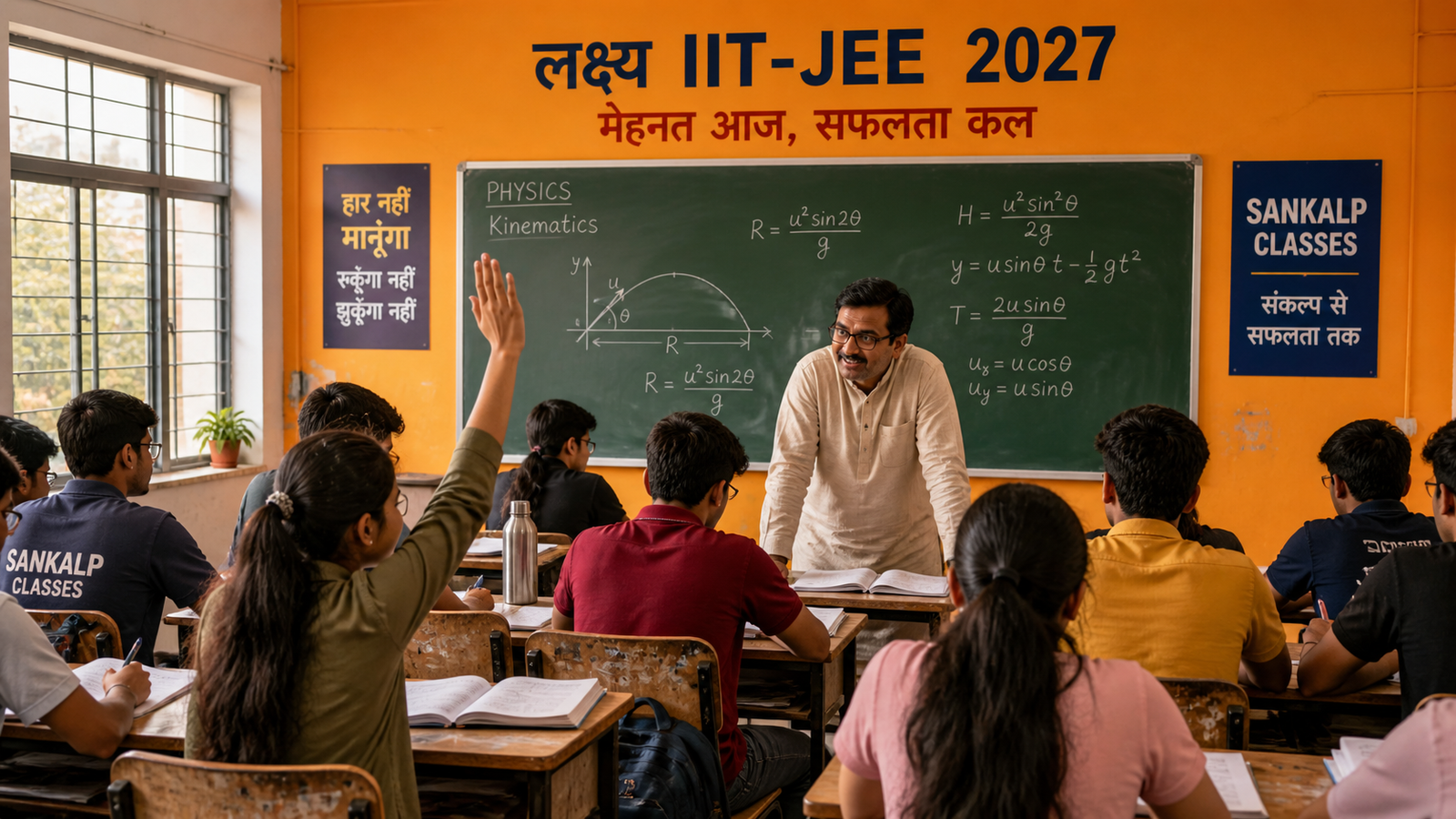 Sankalp Classes — IIT-JEE classroom in Kanpur with chalkboard, students raising hands, teacher in front, signage 'लक्ष्य IIT-JEE 2027 · मेहनत आज, सफलता कल'
