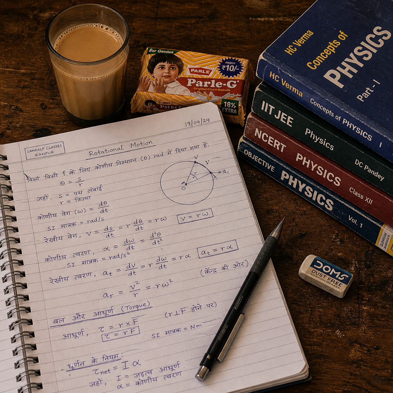 Sankalp Classes texture — top-down student notebook with rotational motion derivations in Hindi+English, Parle-G biscuit packet, glass of chai, HC Verma + NCERT physics stack, Doms eraser